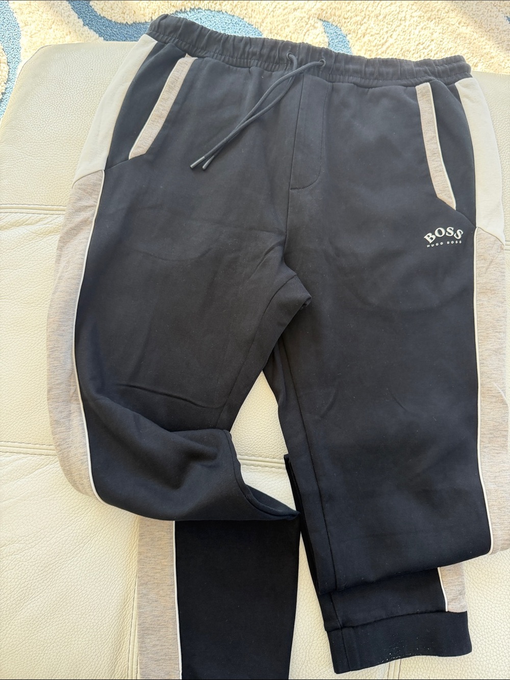 Boss Black Sweatpants with Gray/Beige Side Panels and white logo. Size XL